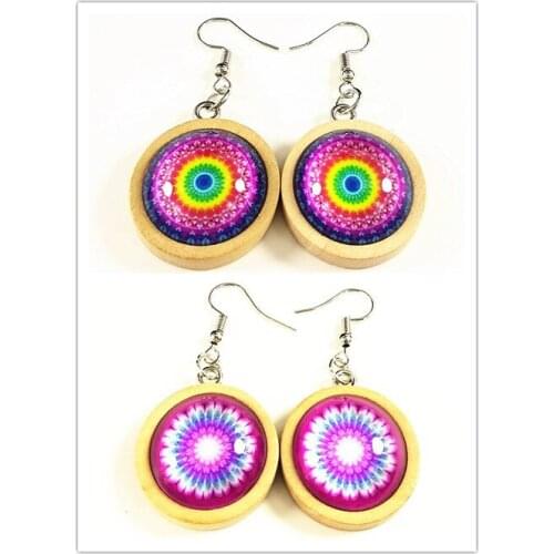 1pair Delicate Mandala earrings Wood Tray Cabochon with Bandanna Buddhism Glass Cabochon Drop Earrings for women girl