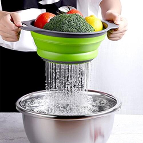 2pcs/Set Foldable Drain Basket Kitchen Colander Fruit Vegetable Washing Basket Strainer Tools Silicone Collapsible With Handle