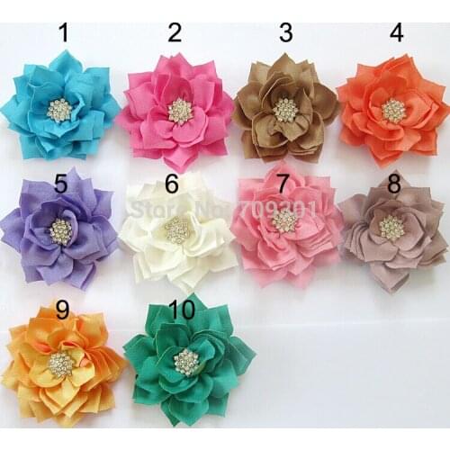 3" Fabric Flowers headband w/ rhinestone button for wholesale in apparel, children Flowers 120Pcs 14 colors Free Shipping