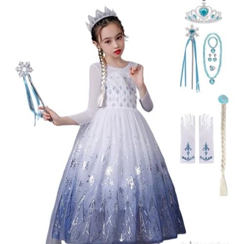 Snow Queen 2 White Girls Anna Elsa Dress Halloween Costume Christmas Children Gowns Infant Chrismas Kids Holiday wig