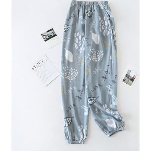 Summer Cool Trousers Women Thin Loose Sleep Bottoms Rayon Print Anti-mosquito Pants Elastic Waist Loungewear Home Sleepwear