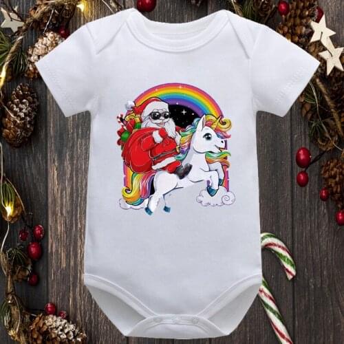 Kawaii Cartoon Santa Rainbow Unicorn Graphic Printed Baby White Romper Merry Christmas Short Sleeve Infant Onesies Newborn