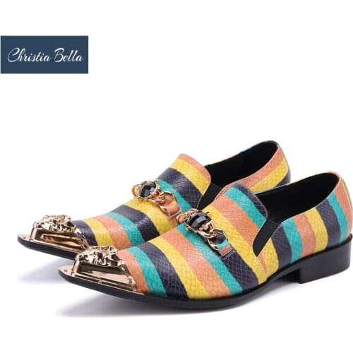 Christia Bella Designer Stripe Print Men Genuine Leather Shoes Pointed Toe Business Shoes Male Party Formal Dress Shoes Slip On