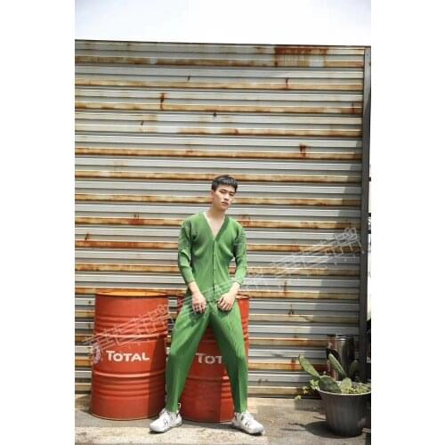 HOT SELLING Miyake fold Style v-neck three quarter coat + Harem pants solid men Leisure two-piece outfit IN STOCK