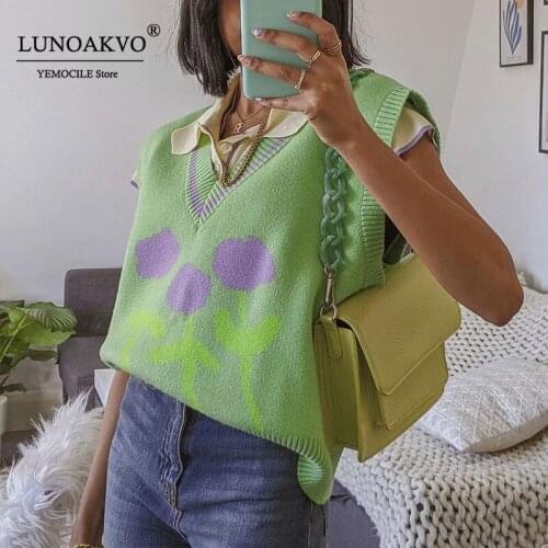 Cute Floral Knitted Sweater Vest Green Sleeveless V Neck Y2K Cropped Knitwear 90s Waistcoat Chic Tops 2021 New Summer Autumn