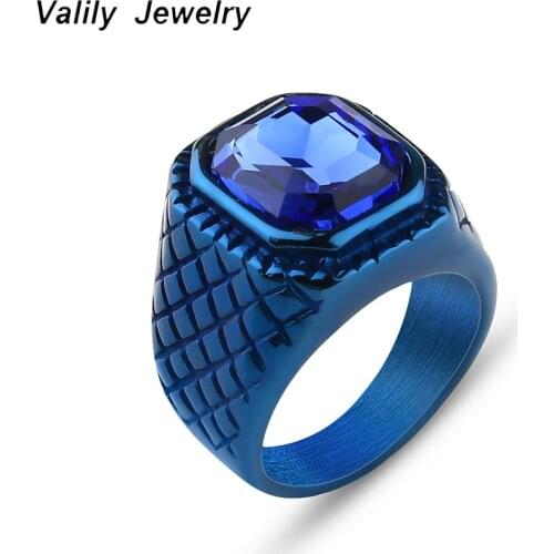 Valily Mens Blue Crystal Ring Vintage Rock Punk 316L Stainless Steel Black CZ Silver Gold Color Hip Hop Rings For Men Women