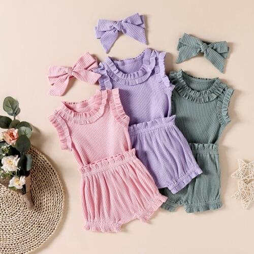 Newborn Baby Girls Rib Knitted 3Pcs Set Infant Solid Ruffled Sleeveless Romper Shorts Bow Hairband Outfits
