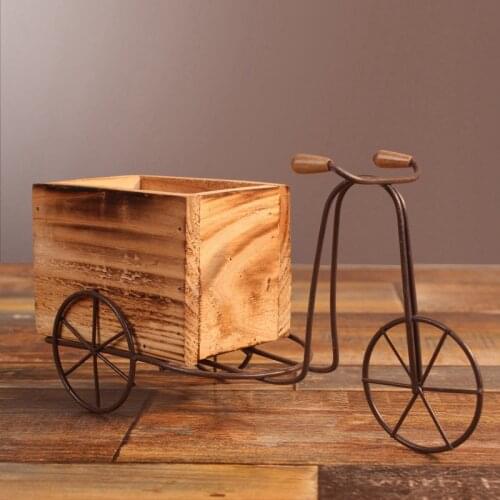LBER Wooden Tricycle Model Flower Pot Wrought Iron Bicycle Flower Stand Indoor Storage Rack Home Garden Desktop Decor Crafts Gif
