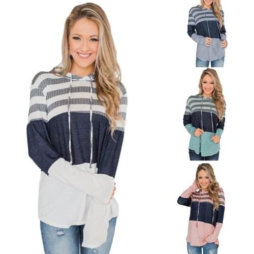 Hot kf-Patchwork Hole Long Sleeve Hoodies Casual Streetwear WomenS Striped Colorblock Drawstring Hoodie Sweatshirt
