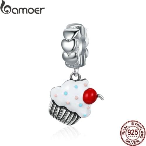 BAMOER Hot Sale 925 Sterling Silver Sweet Cherry Cream Cupcake Pendant Charms fit Women Charm Bracelets Fine Jewelry SCC350