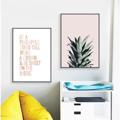 Minimalist Style Fresh Pink Fruit Pineapple Text Word Decoration Painting Canvas Sofa Wall Frameless Picture Poster Living Room