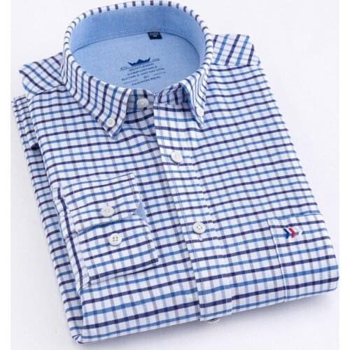 Mens Long Sleeve Standard-Fit Plaid Striped Shirt Thick Casual Oxford Button-Down Cotton Shirts Single Patch Pocket Comfortable