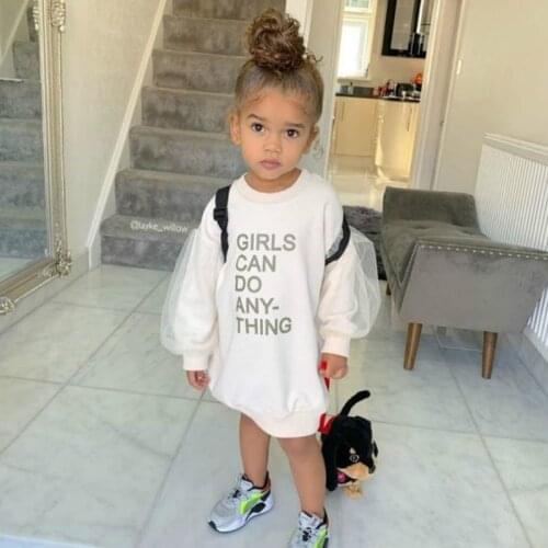 Toddler Girl Clothes Kid Girls Mesh Sleeve Sweatshirt Dress Long Sleeve Letter Printed Fall Winter Pullover Tops Outfits Clothes