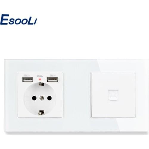 Esooli Crystal Tempered Glass Panel EU Standard Electric Socket with 2 USB + 1 Gang RJ11 2 Core Telephone Connector 172*86mm