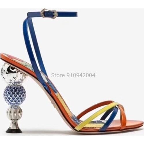 Chic Strange Heel Studded Ball Rhinestone Sandal Women Shoes Open Toe Sexy Patent Strap Gladiat Sandales Luxury Jewel High Pumps