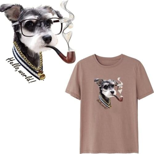 Cute Smoking Dog Iron On Patches For Clothes A-level Washable Patch Print On T-shirt Dresses Sweater Heat Transfer Appliqued