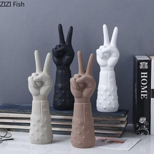 Creativity Victory Gesture Statue Desktop Decor Ceramic Ornaments Porcelain Hand Sculpture Living Room Decoration Furnishings