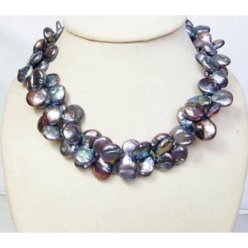 Unique Pearls jewellery Store Black Color 2 rows Baroque Genuine Freshwater Pearl Necklace Magnet Clasp Fine Jewelry