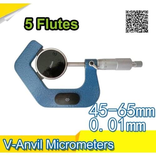 V-Anvil Micrometer for 5 Flutes Cutting Head, Ratchet Stop, 45-65mm Range, 0.01mm Graduation