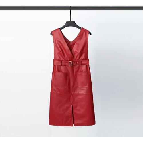 Spring New Leather Dress Female Mid-length Skirt Slit Sleeveless Sheep Skin Leather Skirt Thin Strap Skirt