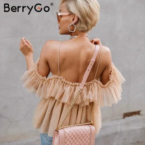 BerryGo Strap ruffles mesh blouse women shirt V neck off shoulder summer blouse tops Streetwear sexy peplum tops blusas 2019 new
