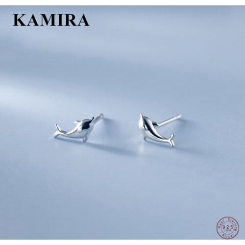 KAMIRA Real 925 Sterling Silver Trendy Cute Simple Ocean Animal Dolphin Stud Earrings for Women Female Unique Jewelry Bijoux Hot