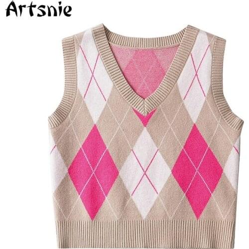 Artsnie Vintage Pink Argyle Sweater Vest Women Autumn V Neck Sleeveless Pull Femme Streetwear Knitted Ladies Crop Sweater Vest
