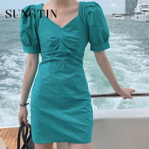 Sungtin Sexy Puff Sleeve Folds Mini Dresses Women Hollow Backless Short Bodycon Dress Korean Fashion Vestido Feminino Party New