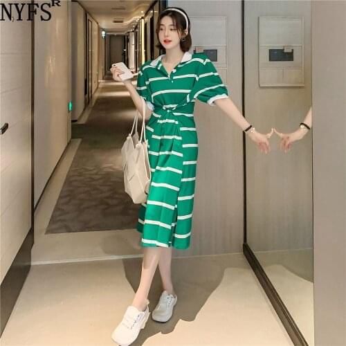 NYFS Summer Dress 2021 Korean New Striped puff sleeves Woman Dress Vestidos Robe Elbise Loose POLO collar Dresses