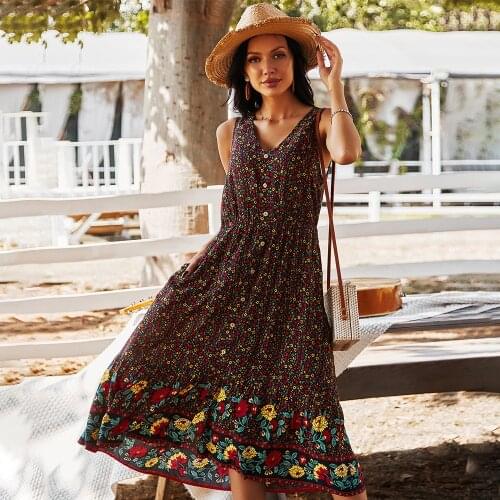 V-Neck Collect Waist Boho Dress for Women 2021 Summer Spaghetti Strap Printing Sexy Beach on Vacation Fashion Party Dresses