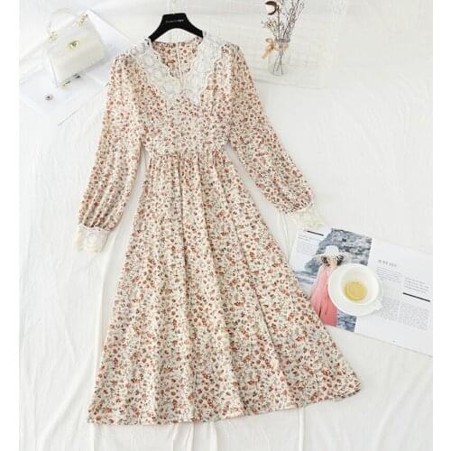 2021 Spring Summer Elegant Dress Women Floral Print Boho Long Chiffon Dress Ladies Lace V-Neck Party Dress Vintage Vestidos