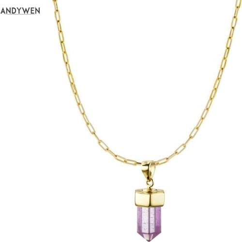 ANDYWEN 925 Sterling Silver Purple Crystal Pendant Neckalce Long Chain Gems Geometric Rectangle Gold Rock Punk Luxury Jewelry