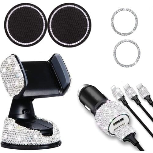 Bling Rhinestones Car Phone Mount Holder Accessories Set Dual USB Car Charger 3 In 1 Charging Cable Auto Goods Car Styling
