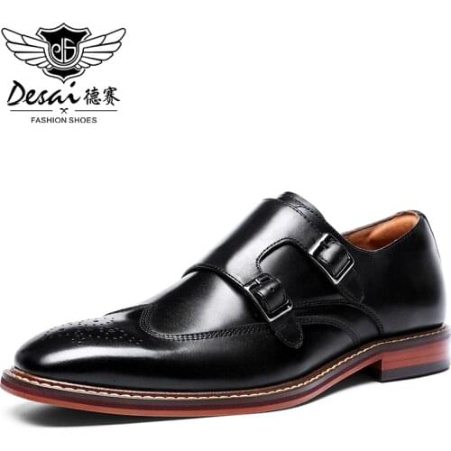 DESAI Monk Strap Slip on Genuine Leather Business Handmade Dress Brogue Shoes for Men with Buckle 2021