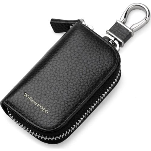 WilliamPOLO Car key Case Genuine Leather Car Smart Key Chain Keychain Holder Metal Hook Keyring Zipper Bag for Remote Key Fob