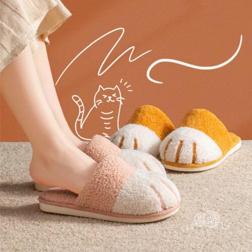 Indoor Women Furry Slippers Winter Cute Cat paw Designer Bedroom Non-slip Warm Fur Slippers For Women Warm Plush Shoes
