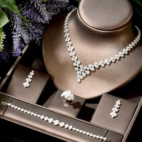 HIBRIDE Shiny Wide Flower Drop African Dubai CZ Necklace Earrings Set Wedding Bridal Dress Jewelry Set Accessories bijoux N-1838