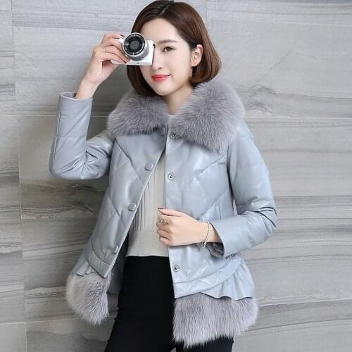 Genuine Leather Jacket Women Winter Sheepskin Coat Womens Down Jackets Fox Fur Collar Short Female Jacket Macaw KJ703