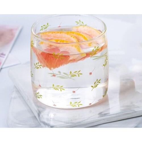 Small Fresh Glass Mug Breakfast Milk Coffee Cup Household Couple Water Cup Green Leaf Flower Pattern Drinking Glass Drinkware