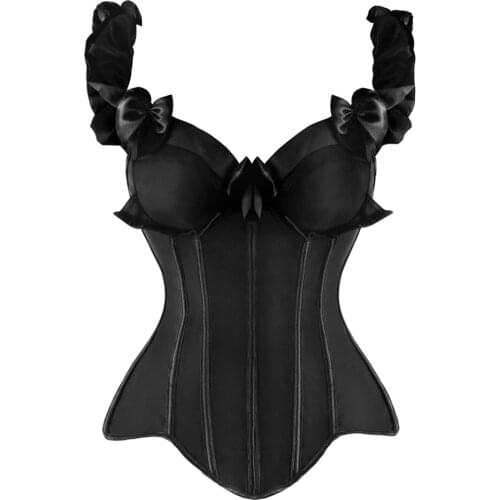 Sexy Womens Gothic Satin Boned Lace up Overbust Corset Off Shoulder Corsets Elastic Ruffled Straps Zipper Closure Bustier Black