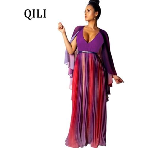 QILI Bohemian Chiffon Patchwork Dress Pleated V-neck Shawl Sleeve High Waist Long Maxi Dresses New 2019 Elegant Dress