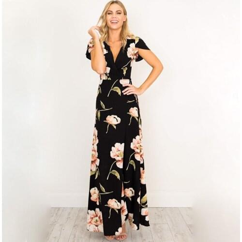 QRWR Summer 2020 A Line Floral Printing With Sashes Dress Women V Neck Split Ladies Dresses Sexy Office Lady Maxi Women Dresses