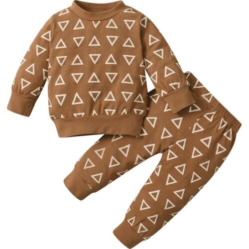 2021 0-18M Casual Boys Girls Clothes Set Tracksuit Brown Triangle Printed Pattern Long Sleeve T-shirt Pullover+Harem Pants Fall
