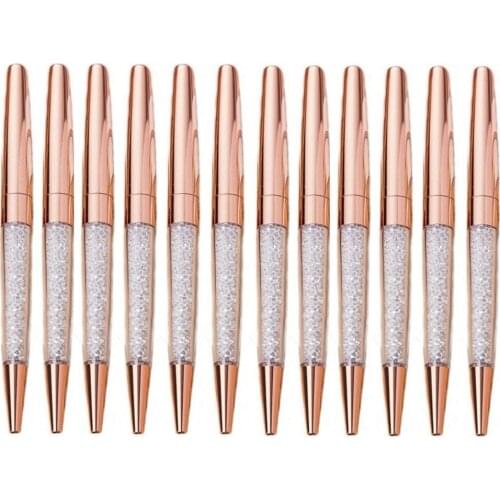 10Pcs/Lot Rose Gold Pen Bling Diamond Pens Fine Black Ink Crystal Ballpoint Pen Ring Wedding Office Metal Roller Ball Pen Gift