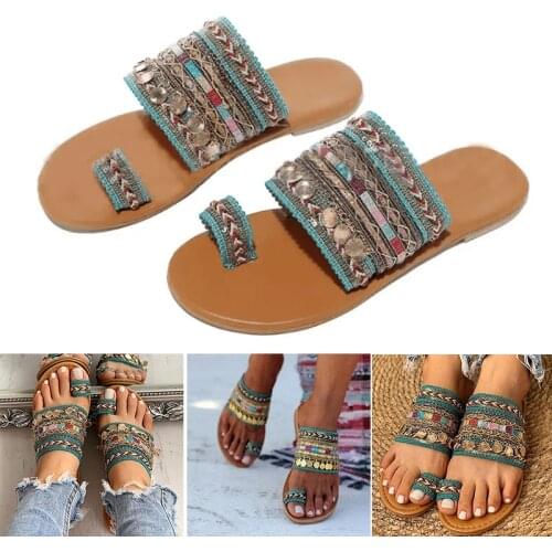 Boho Style Toe Ring Sandals for Women Summer Beach Flip Flop with Cloth Fabric A66