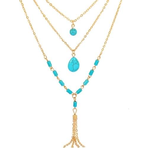 Popular Light Yellow Gold Color Geometric Layer Green Turquoises Stone Pendant Link Chain Necklace for Women Jewelry