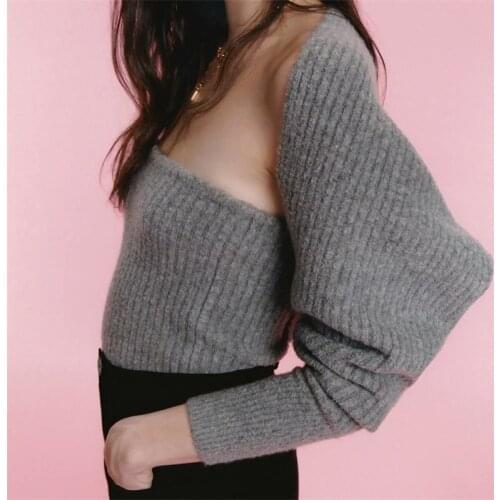 TRAF Womens 2020 Fashion Arm Cover Off Shoulder Straight Collar Knit Sweater Retro Long Sleeve Cardigan Streetwear