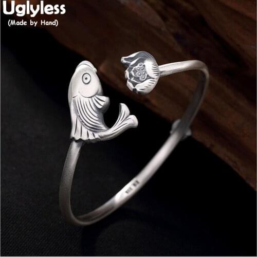 Uglyless 100% Real 999 Fine Silver Fish Bangles for Women Ethnic Thai Silver Lotus Open Bangles Handmade Floral Bracelet Jewelry