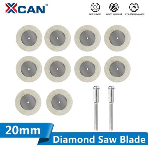 XCAN Diamond Cutting Disc 10pcs 20mm Mini Rotary Tool Blades with 2pcs 3mm Shank for Cutting Glass Stone Diamond Saw Blade