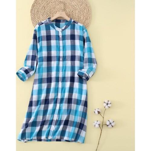 Plaid Shirt Collar Cotton Nightdress Women Mid-length Loose Yarn-dyed Gauze Long-sleeved Ladies Mid-dress Outing Pajamas Dress